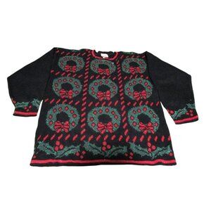 Vintage Ugly Christmas Sweater Festive Metallic Wreaths Holly GUC Med GUC